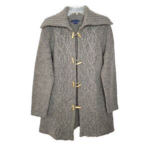 Eagle's Eye Long Cable Knit Wool Cardigan Sweater Jacket L Gray Spread Collar